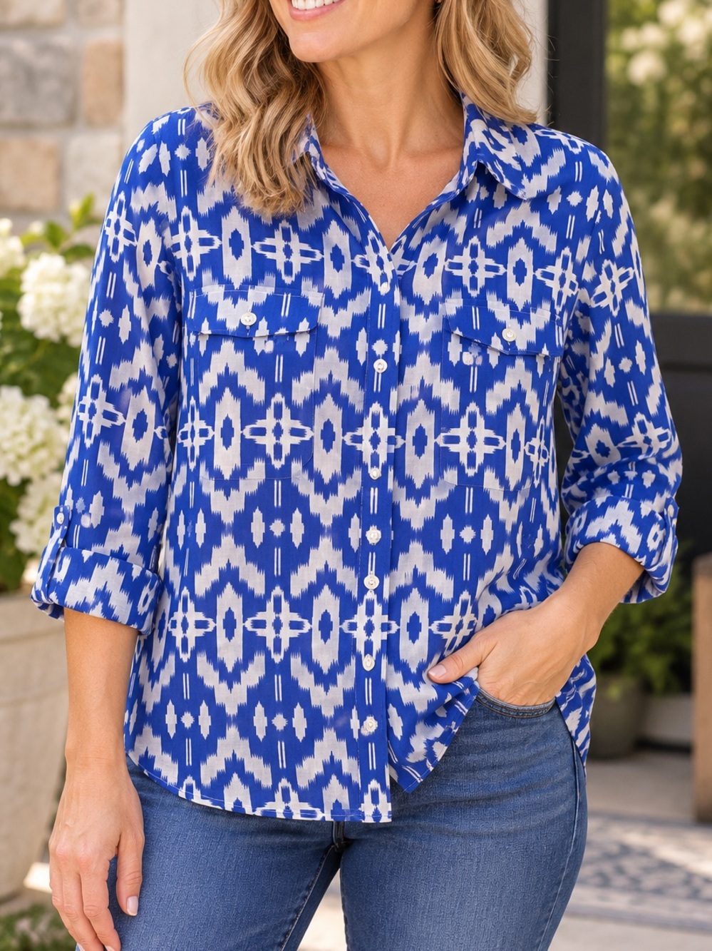 Chico’s 100% Cotton Lightweight Blue White Ikat Print Button Up Shirt Top XL